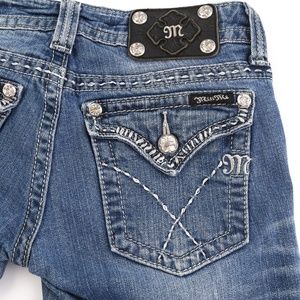 Miss Me Distressed Bling Flap Pocket Bootcut Jeans